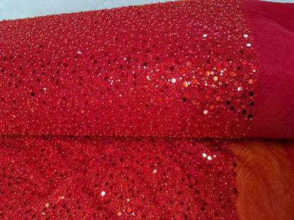Beaded bridal lace fabric with big sequins in red, Pallas Couture Lace Fabric, luxurious beaded wedding dress lace, designer lace LL-1298