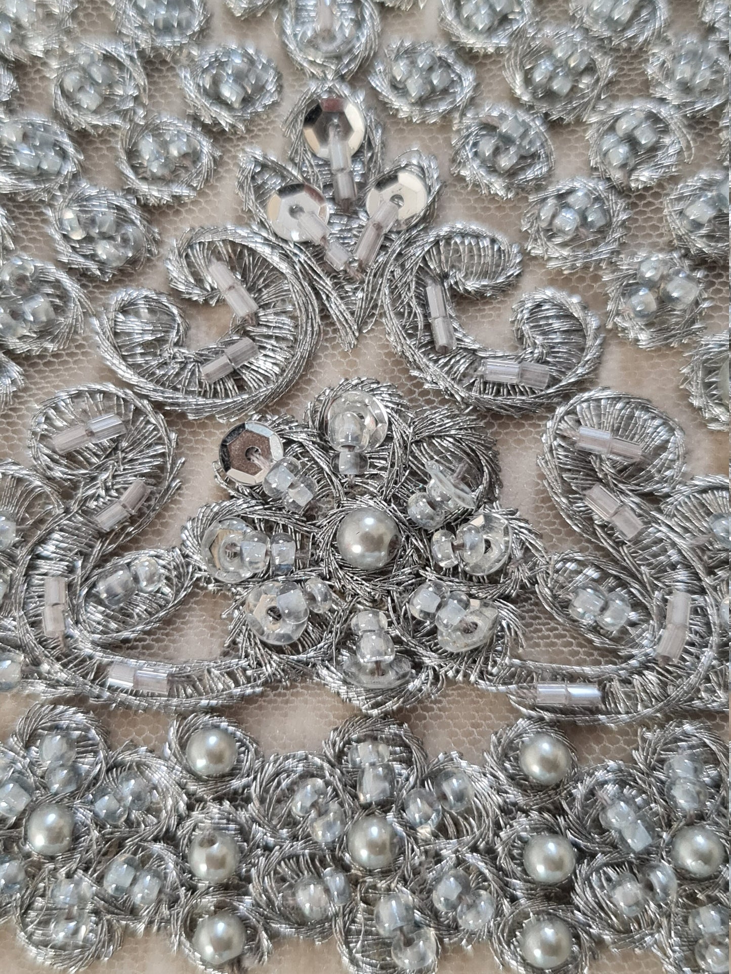 Stunning Handmade Lace, beaded lace with sequins in silver color, wedding lace fabric, embroidered lace, bridal lace LL-1318