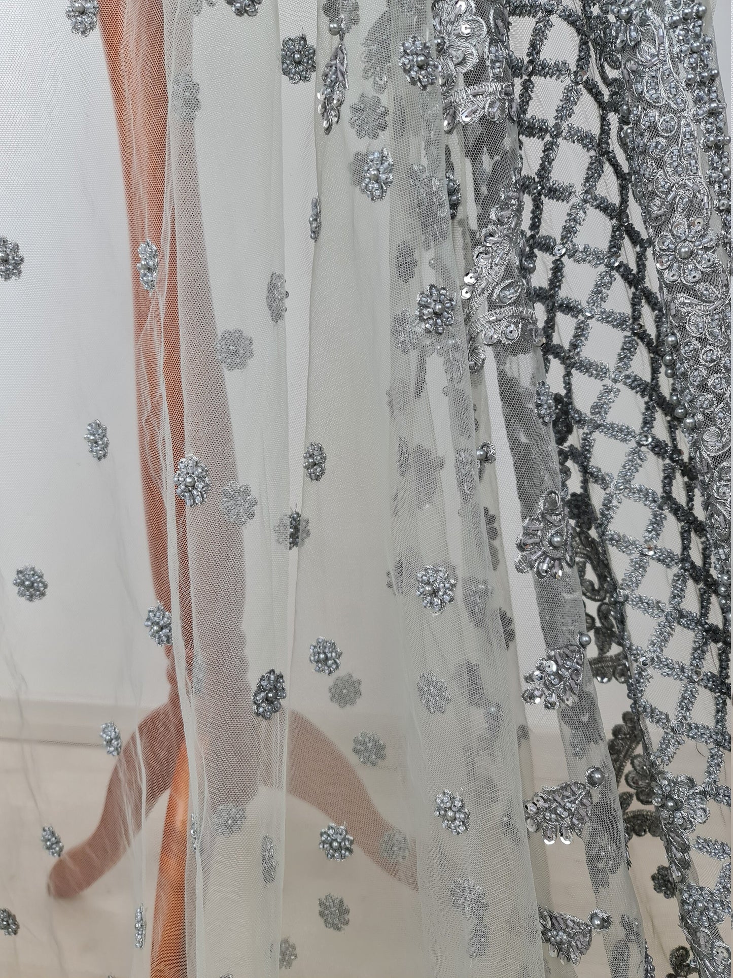 Stunning Handmade Lace, beaded lace with sequins in silver color, wedding lace fabric, embroidered lace, bridal lace LL-1318