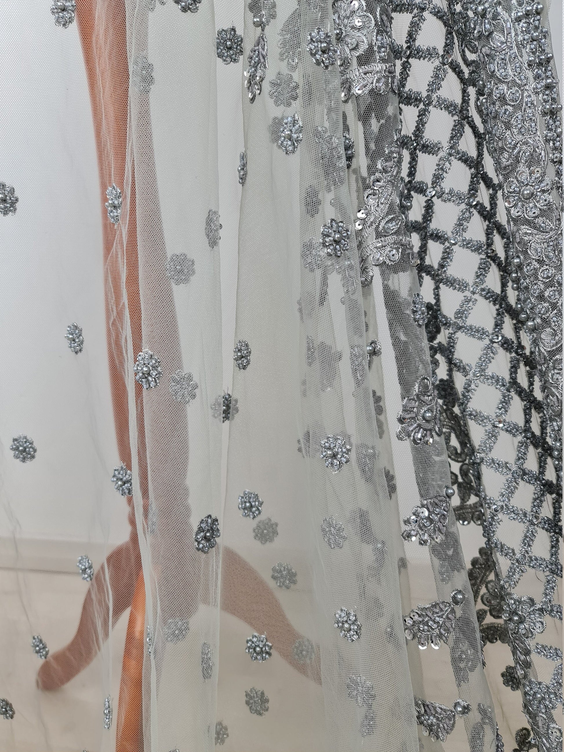 Stunning Handmade Lace, beaded lace with sequins in silver color, wedding lace fabric, embroidered lace, bridal lace LL-1318