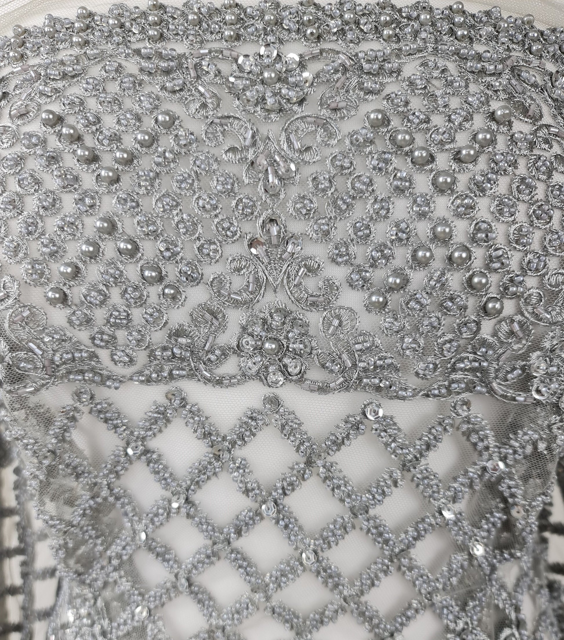 silver lace fabric with beads