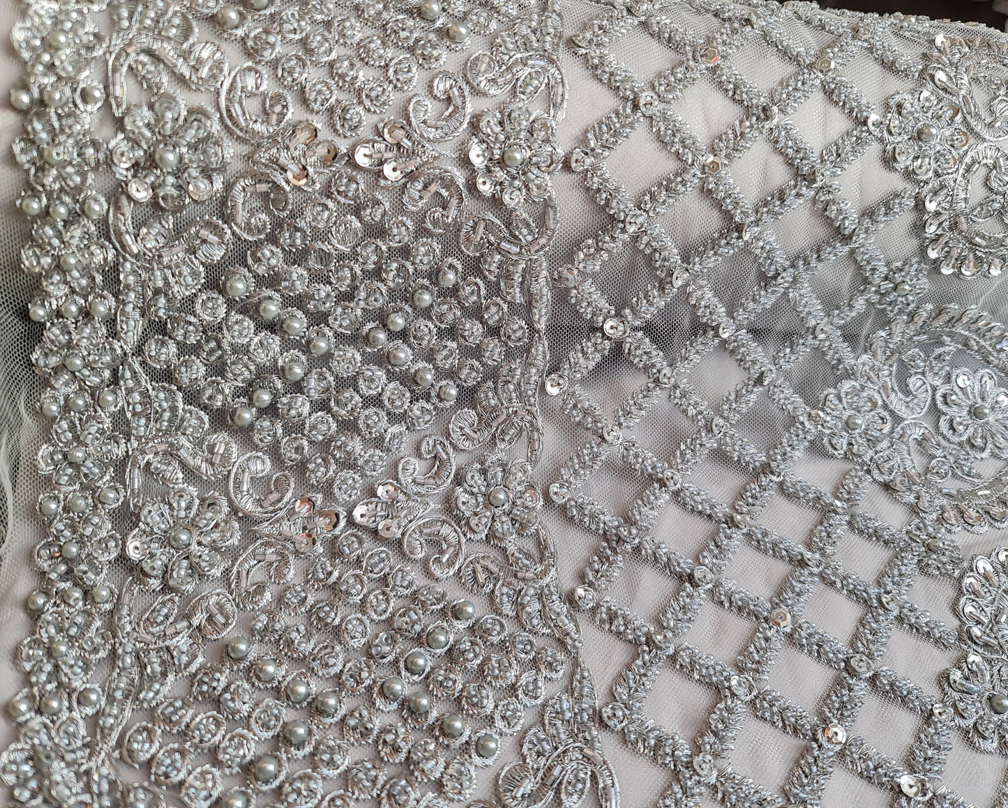Stunning Handmade Lace, beaded lace with sequins in silver color, wedding lace fabric, embroidered lace, bridal lace LL-1318