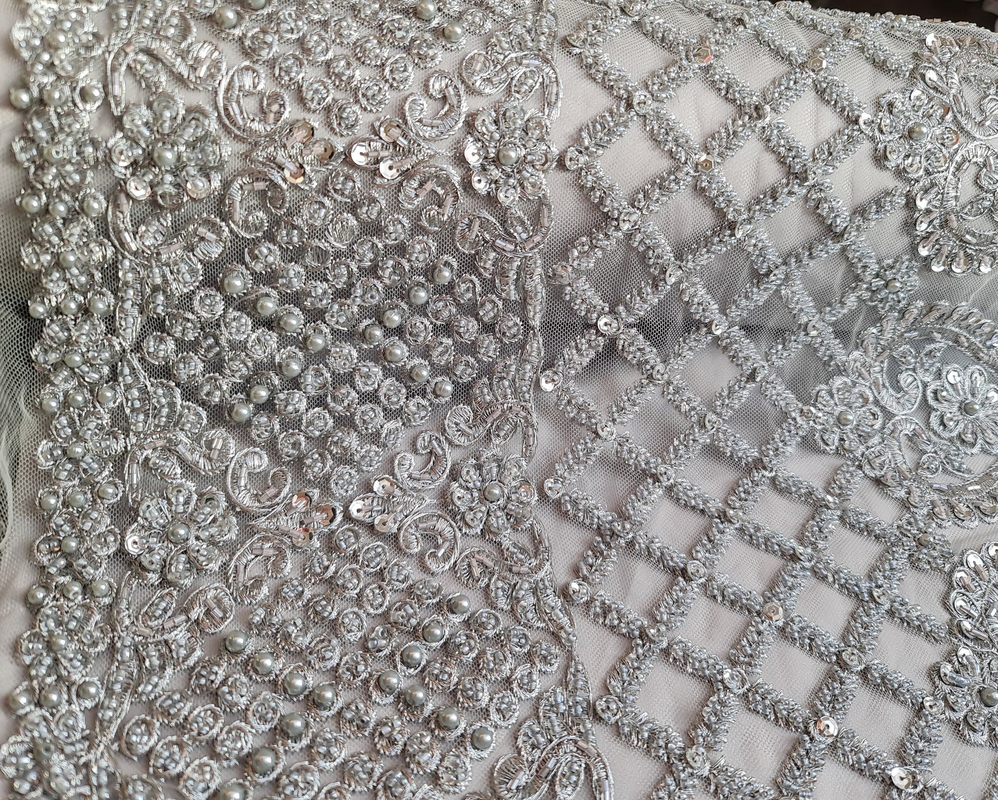 Stunning Handmade Lace, beaded lace with sequins in silver color, wedding lace fabric, embroidered lace, bridal lace LL-1318