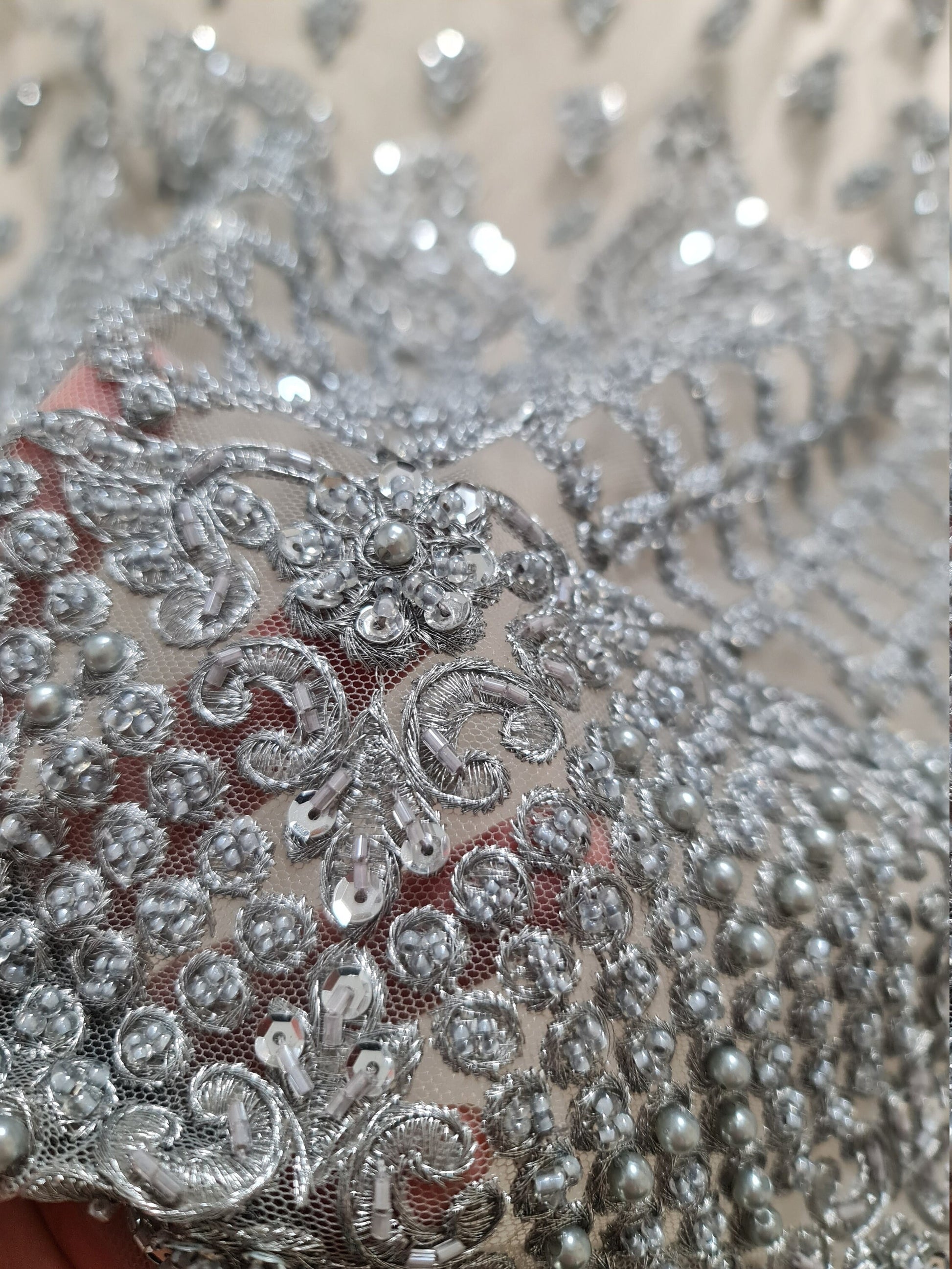 Stunning Handmade Lace, beaded lace with sequins in silver color, wedding lace fabric, embroidered lace, bridal lace LL-1318