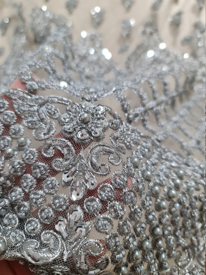 Stunning Handmade Lace, beaded lace with sequins in silver color, wedding lace fabric, embroidered lace, bridal lace LL-1318