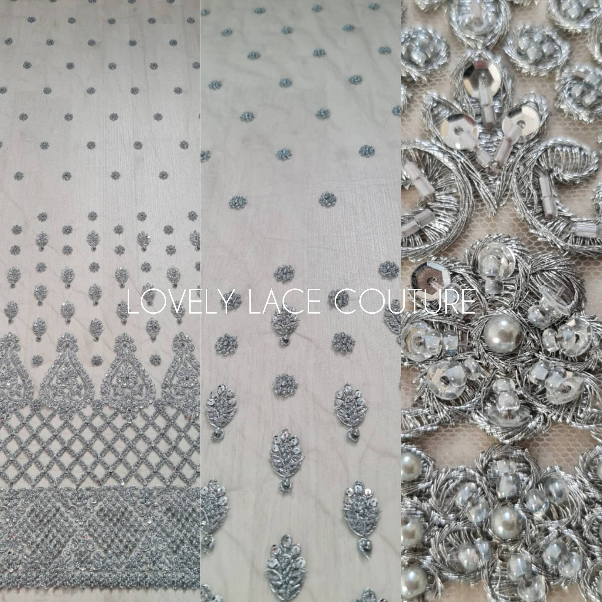 Stunning Handmade Lace, beaded lace with sequins in silver color, wedding lace fabric, embroidered lace, bridal lace LL-1318