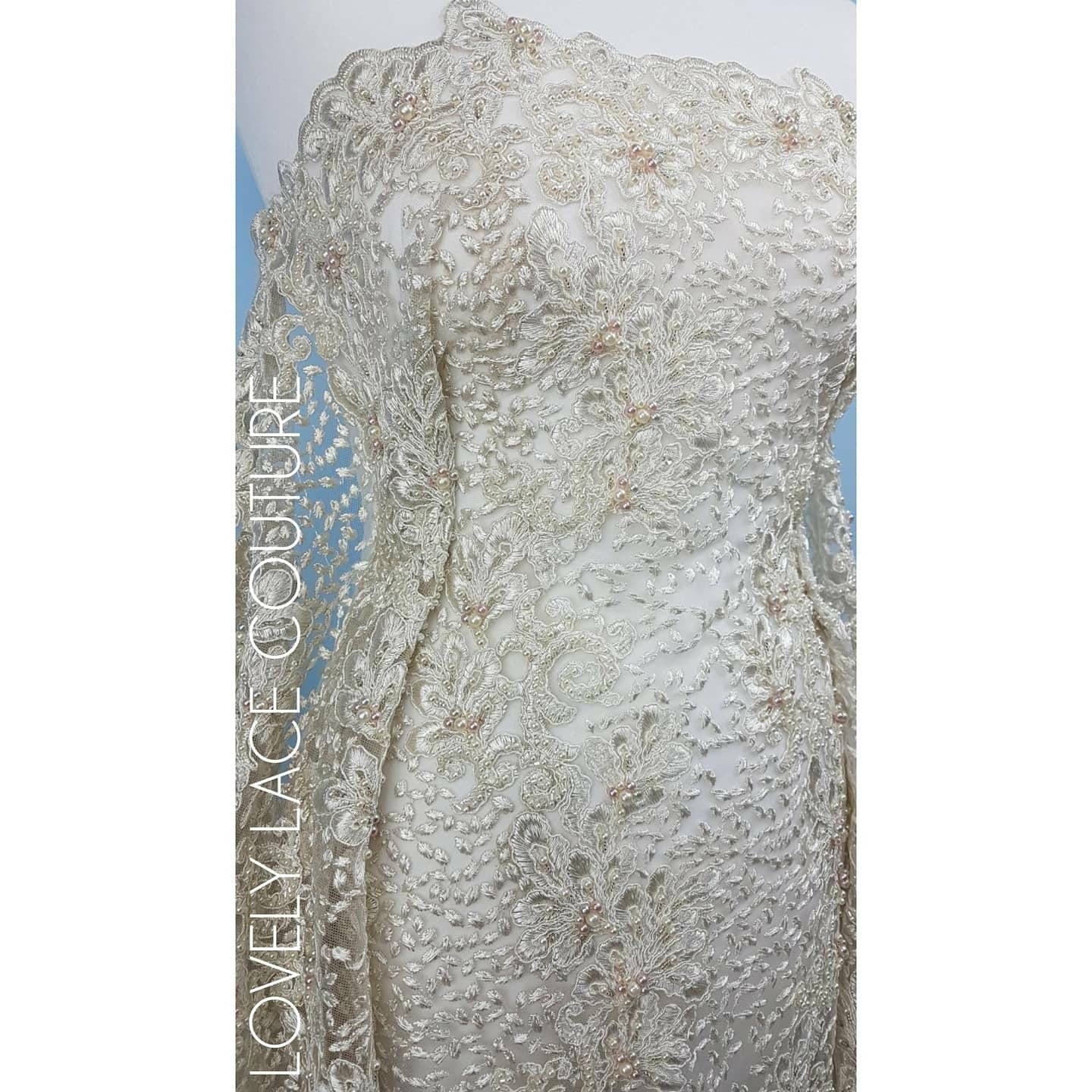 Beaded Flower Lace Fabric, wedding lace fabric in Ivory, bridal lace, embroidery lace fabric, wedding dress lace LL-1313