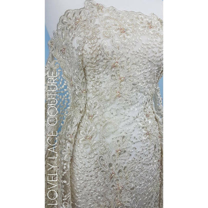 Beaded Flower Lace Fabric, wedding lace fabric in Ivory, bridal lace, embroidery lace fabric, wedding dress lace LL-1313