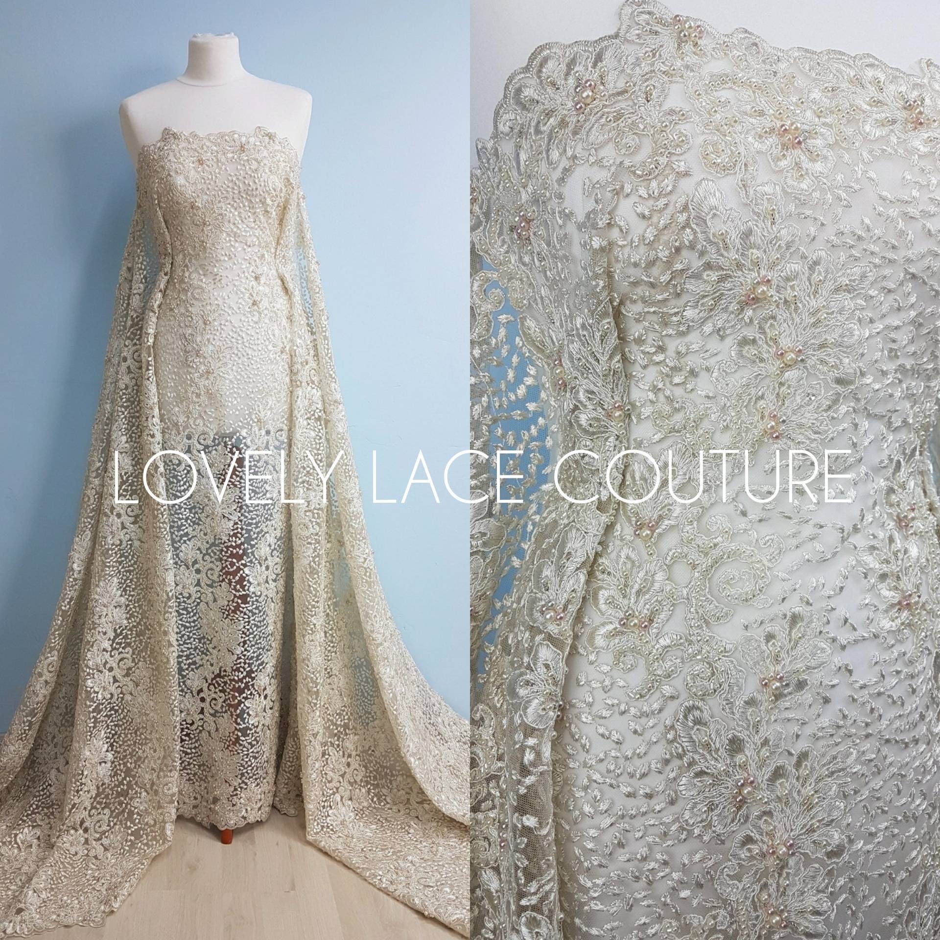 Beaded Flower Lace Fabric, wedding lace fabric in Ivory, bridal lace, embroidery lace fabric, wedding dress lace LL-1313