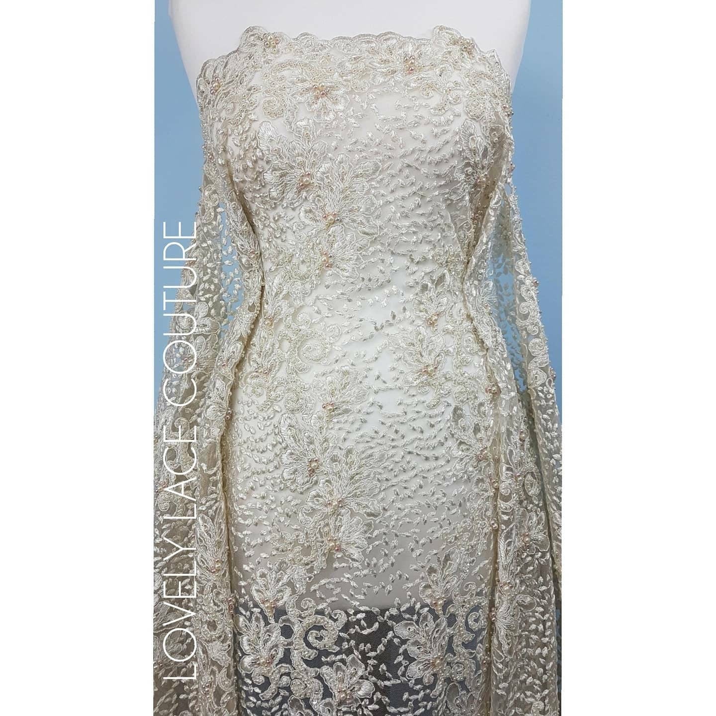Beaded Flower Lace Fabric, wedding lace fabric in Ivory, bridal lace, embroidery lace fabric, wedding dress lace LL-1313