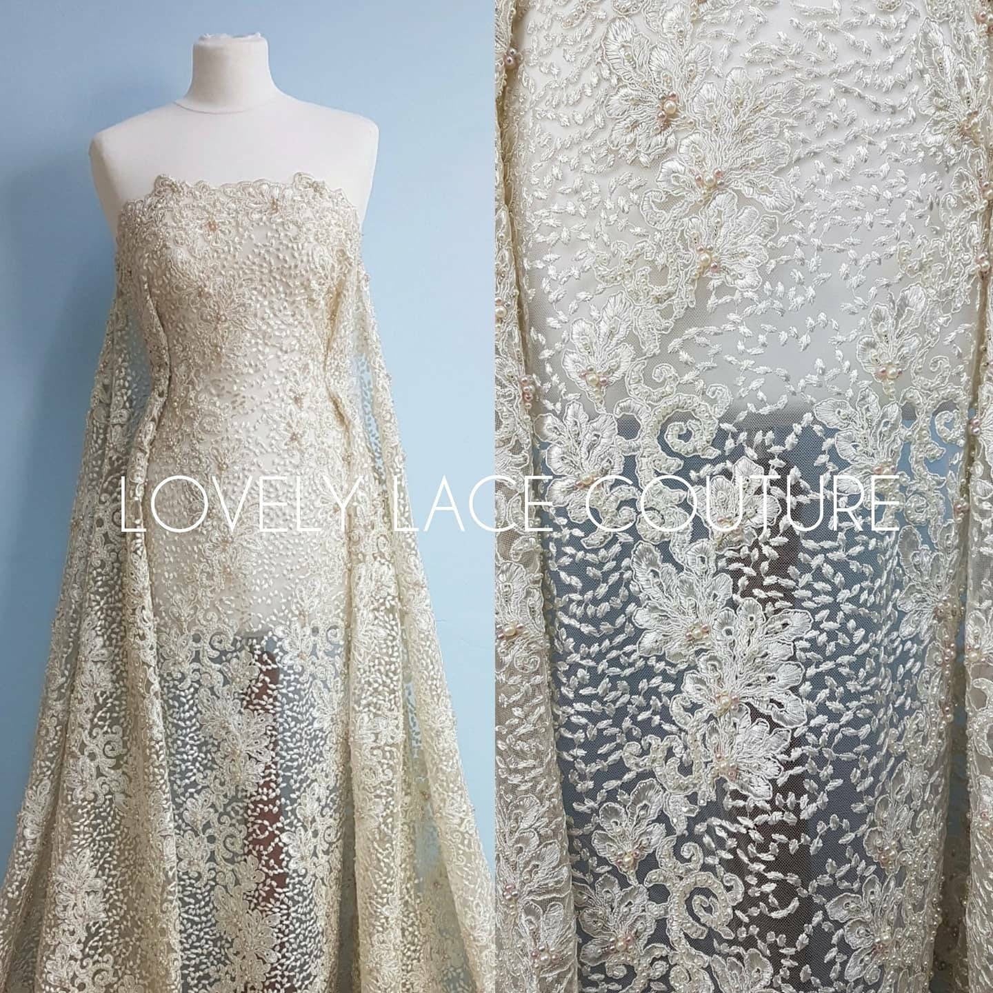 Beaded Flower Lace Fabric, wedding lace fabric in Ivory, bridal lace, embroidery lace fabric, wedding dress lace LL-1313
