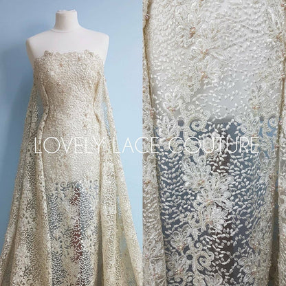 Beaded Flower Lace Fabric, wedding lace fabric in Ivory, bridal lace, embroidery lace fabric, wedding dress lace LL-1313