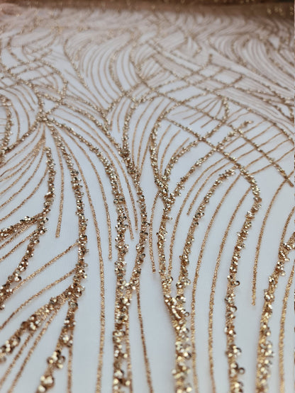 Glitter fabric with sequins in roségold, gold or blue color, net fabric with abstract design