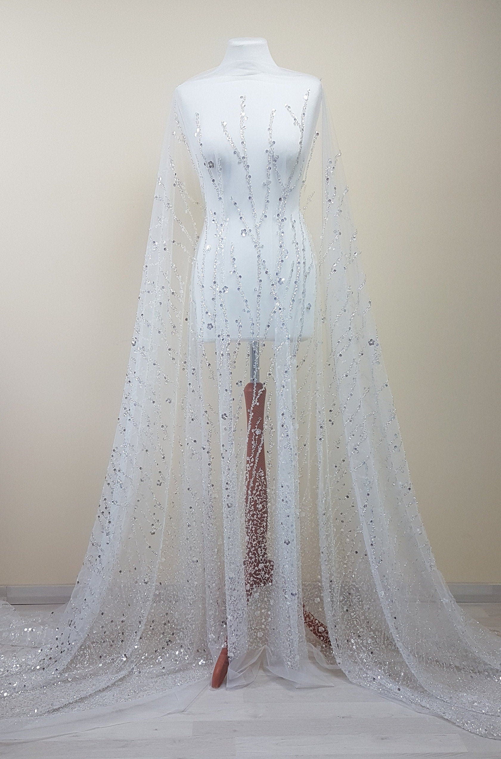 Gorgeous fabric in modern design, white tulle fabric with shiny sequins and beads in silver color, bridal tulle, wedding tulle LL-1147