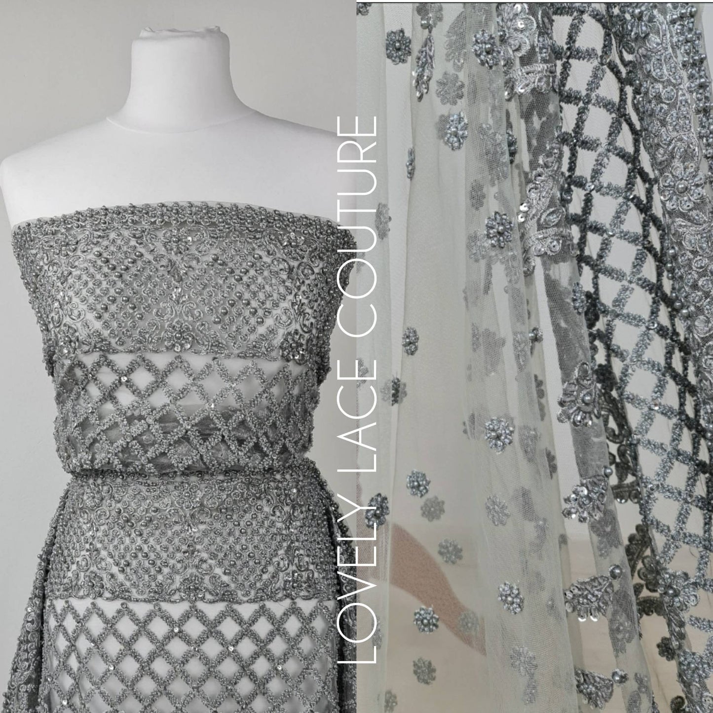 Stunning Handmade Lace, beaded lace with sequins in silver color, wedding lace fabric, embroidered lace, bridal lace LL-1318