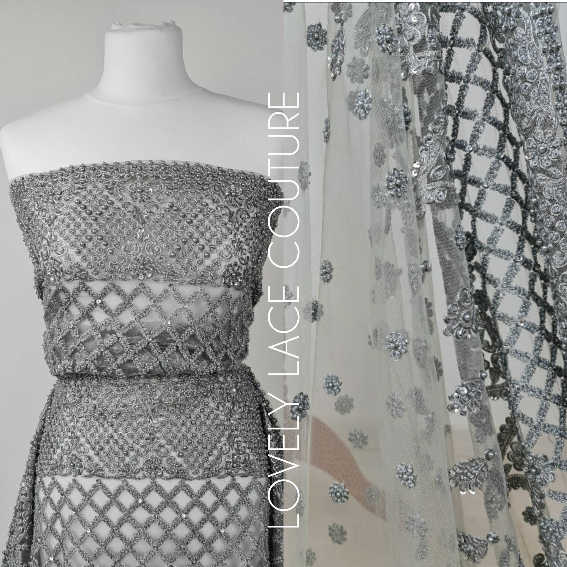 Stunning Handmade Lace, beaded lace with sequins in silver color, wedding lace fabric, embroidered lace, bridal lace LL-1318