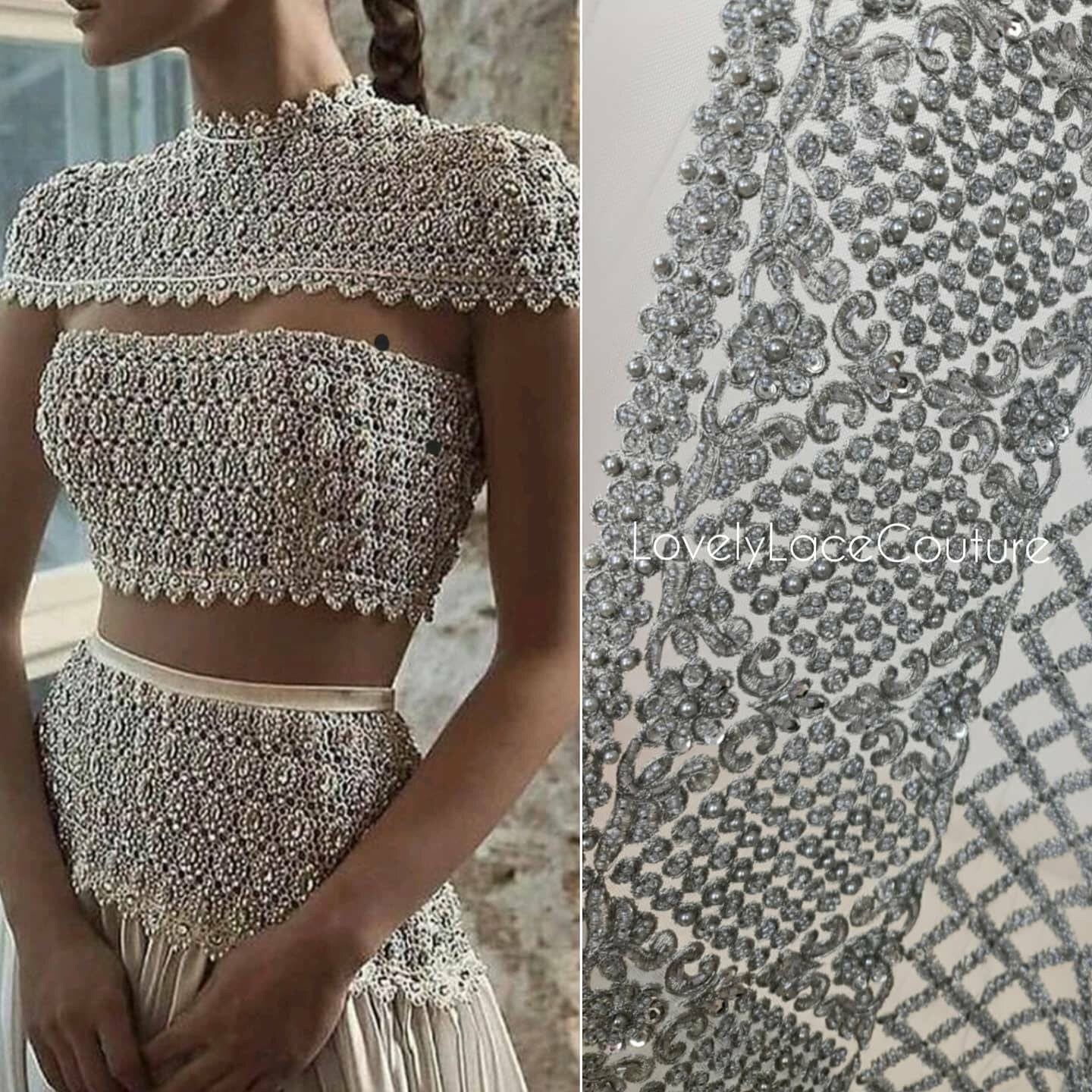 Stunning Handmade Lace, beaded lace with sequins in silver color, wedding lace fabric, embroidered lace, bridal lace LL-1318
