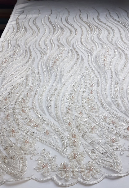 Magnificent 3D - Lace fabric with abstract design, wave design, fabric by the yard or metres in ivory color LL-1327