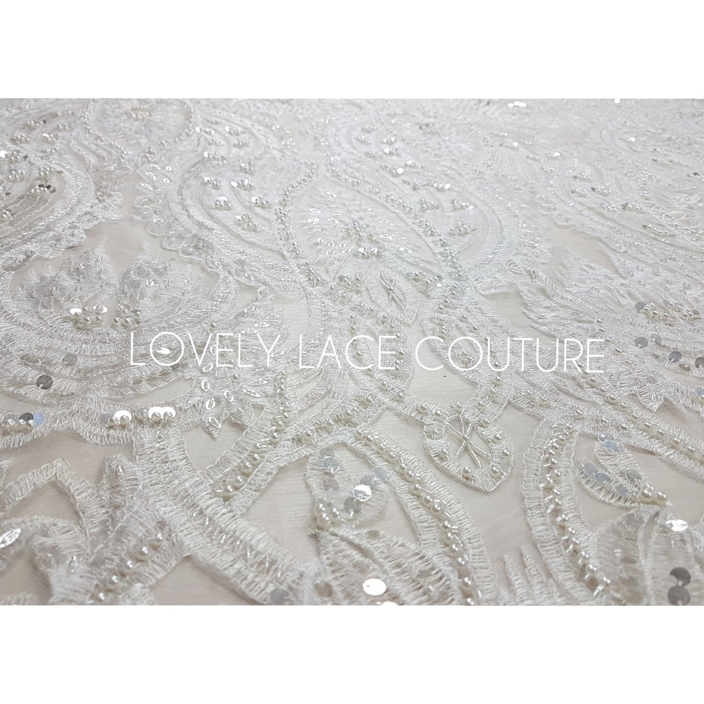 Gorgeous ornamental lace fabric with beads and big sequins in off-white LL-1326 or gold color LL-1345, lace for gown, from 1Meter