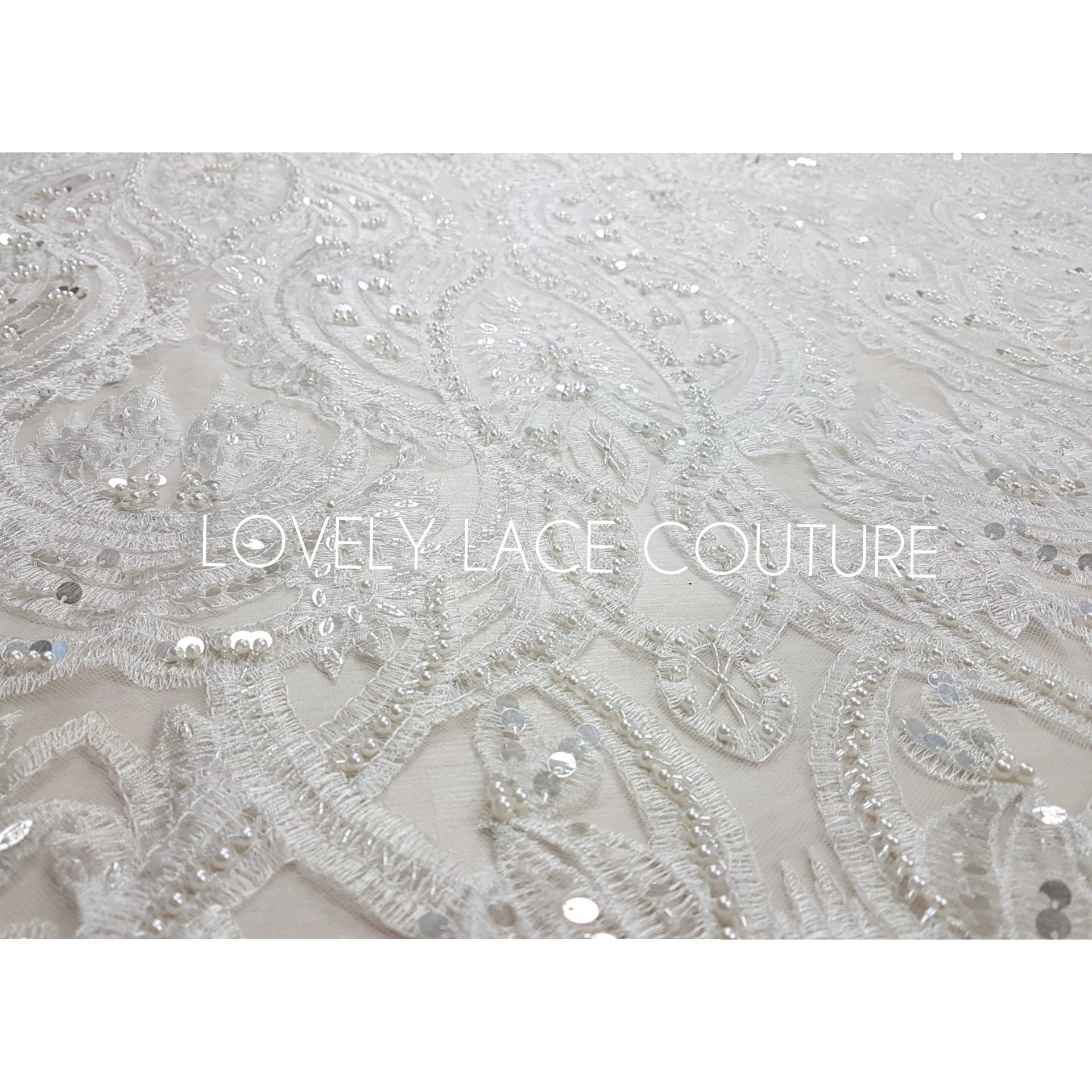 Gorgeous ornamental lace fabric with beads and big sequins in off-white LL-1326 or gold color LL-1345, lace for gown, from 1Meter