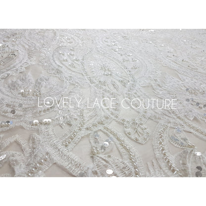 Gorgeous ornamental lace fabric with beads and big sequins in off-white LL-1326 or gold color LL-1345, lace for gown, from 1Meter
