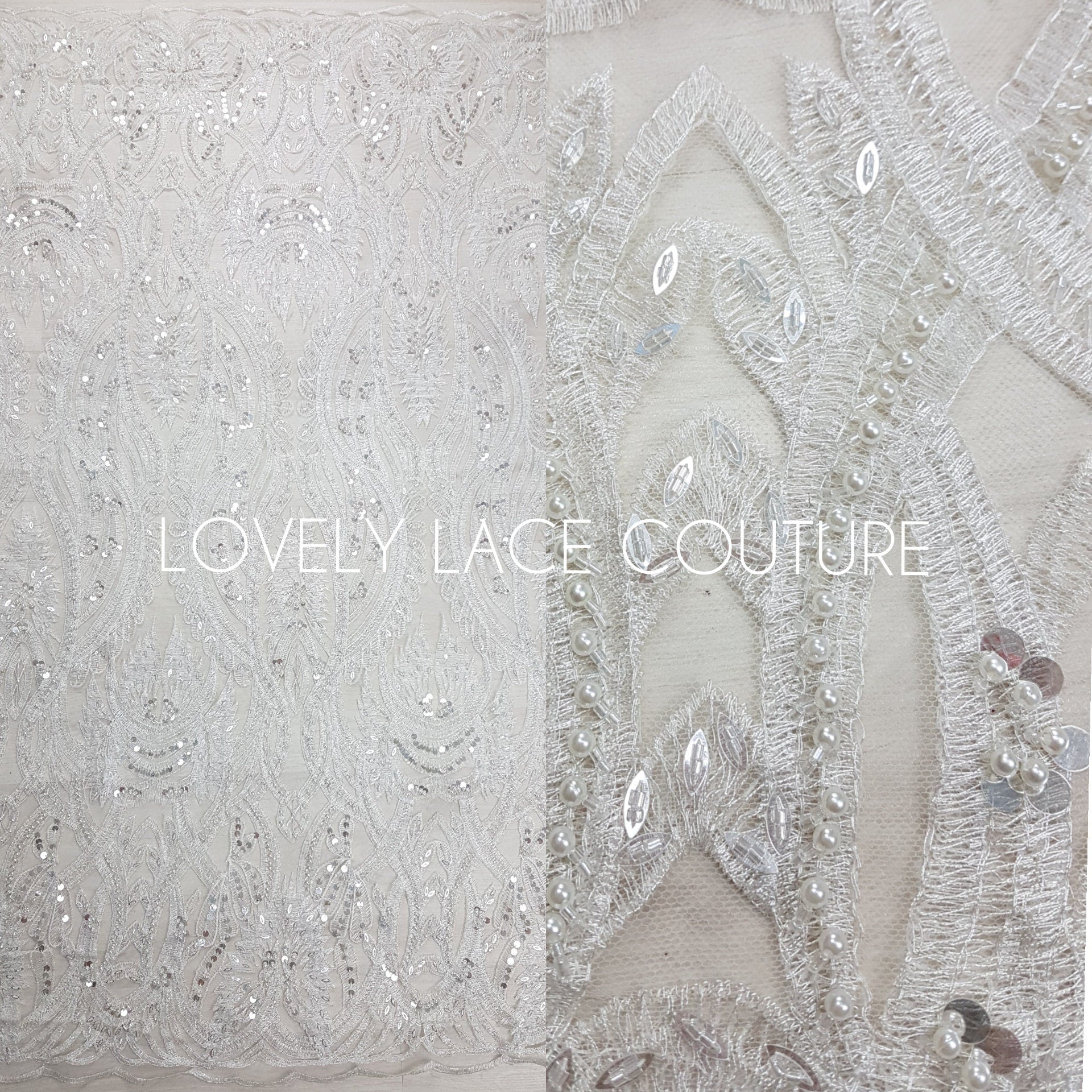 Gorgeous ornamental lace fabric with beads and big sequins in off-white LL-1326 or gold color LL-1345, lace for gown, from 1Meter