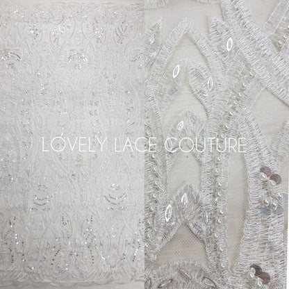 Gorgeous ornamental lace fabric with beads and big sequins in off-white LL-1326 or gold color LL-1345, lace for gown, from 1Meter