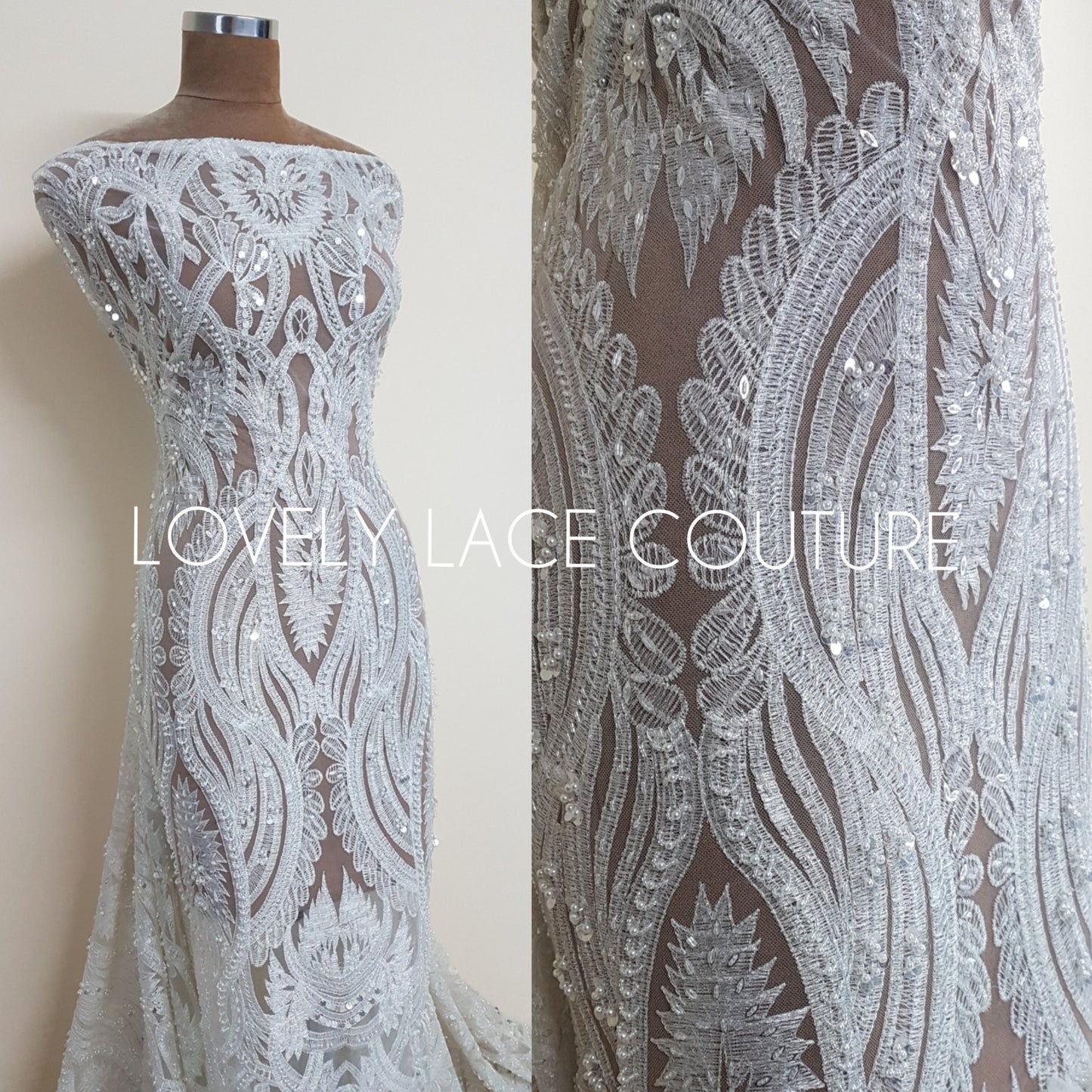 Gorgeous ornamental lace fabric with beads and big sequins in off-white LL-1326 or gold color LL-1345, lace for gown, from 1Meter