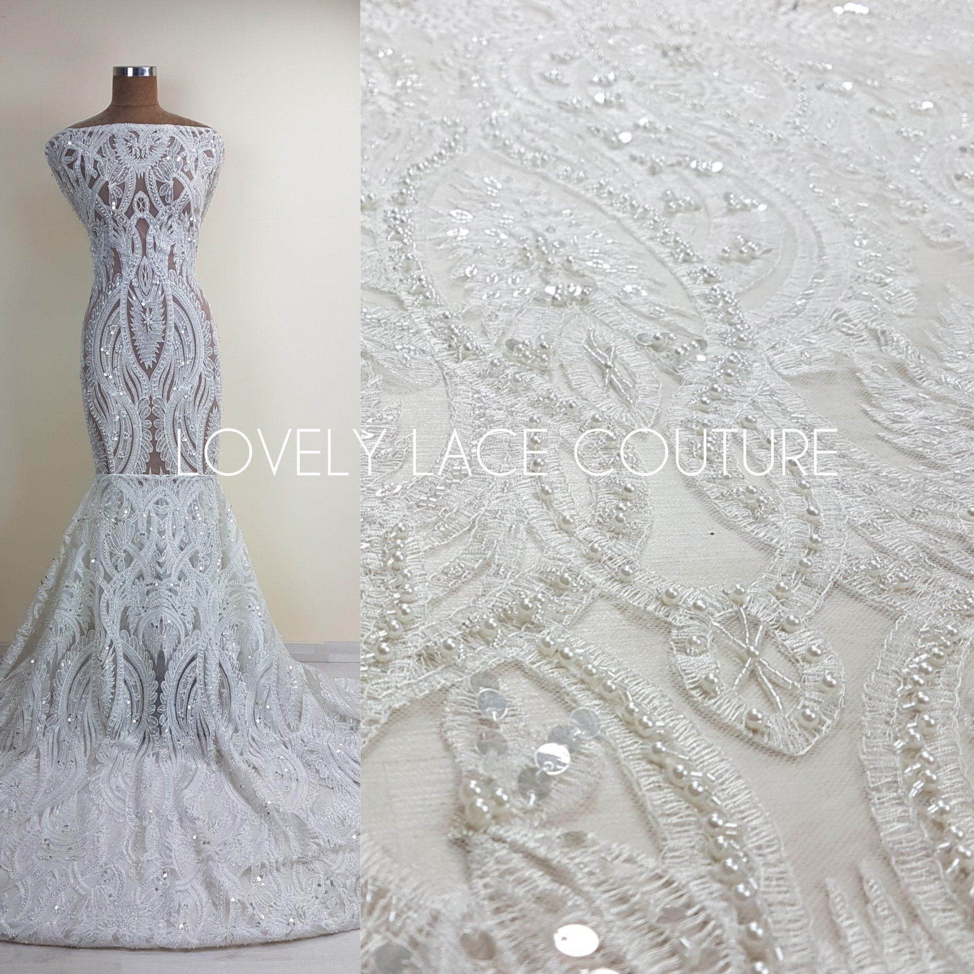 Gorgeous ornamental lace fabric with beads and big sequins in off-white LL-1326 or gold color LL-1345, lace for gown, from 1Meter