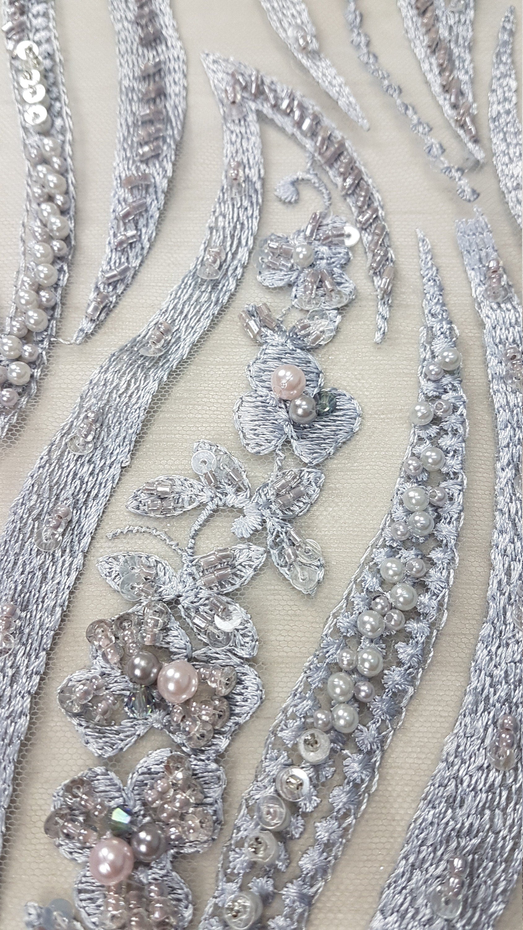 Magnificent 3D - Lace fabric with abstract design, Bridal Lace, Wedding Lace Fabric, Embroidered lace in silver-blue color LL-1349