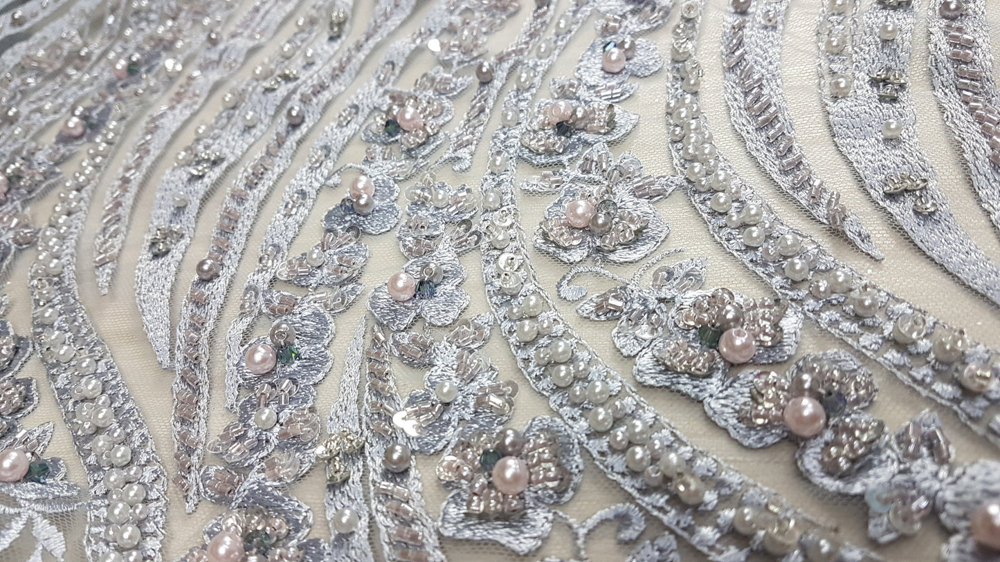 Magnificent 3D - Lace fabric with abstract design, Bridal Lace, Wedding Lace Fabric, Embroidered lace in silver-blue color LL-1349