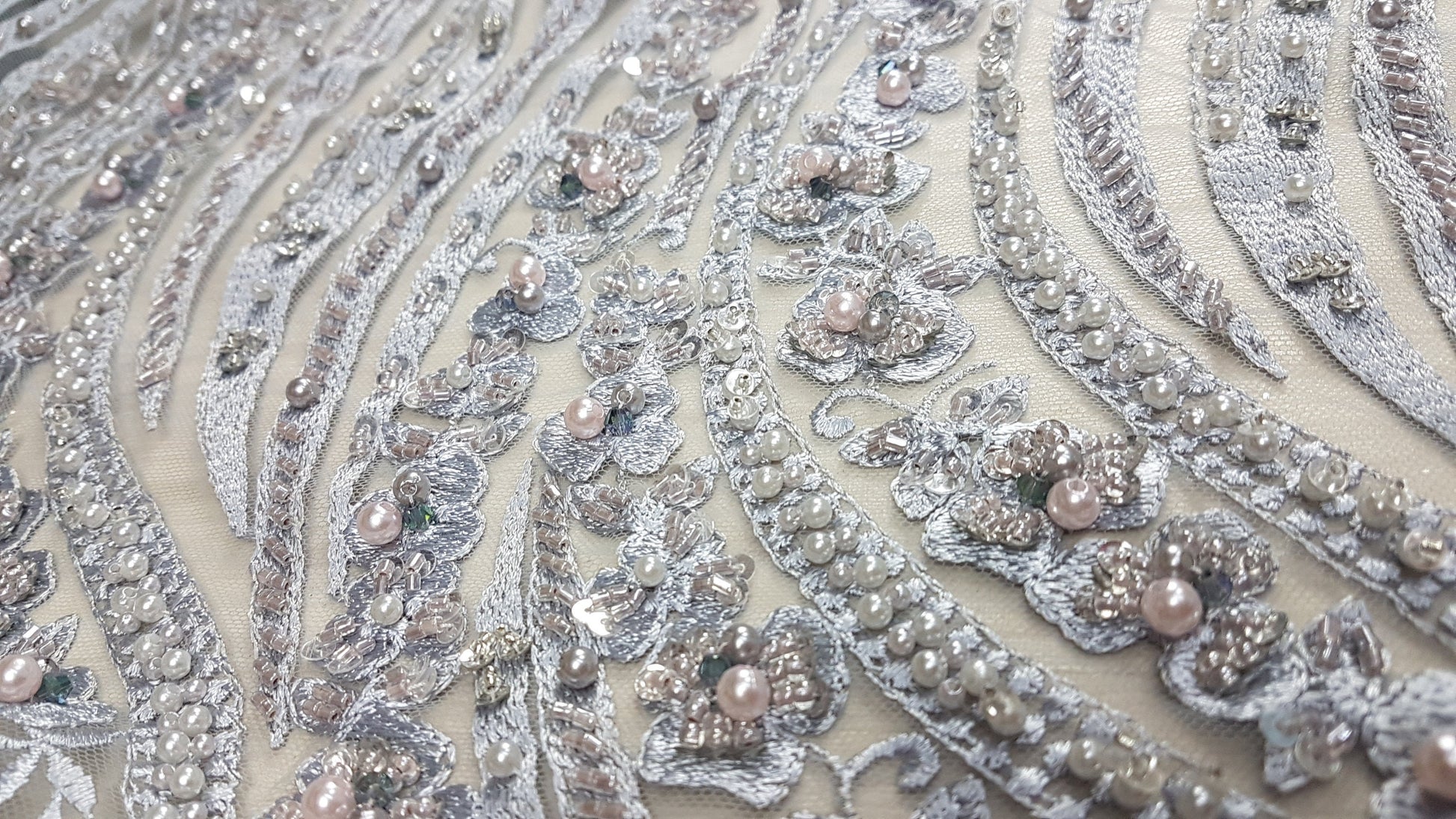 Magnificent 3D - Lace fabric with abstract design, Bridal Lace, Wedding Lace Fabric, Embroidered lace in silver-blue color LL-1349