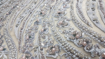 Magnificent 3D - Lace fabric with abstract design, Bridal Lace, Wedding Lace Fabric, Embroidered lace in silver-blue color LL-1349