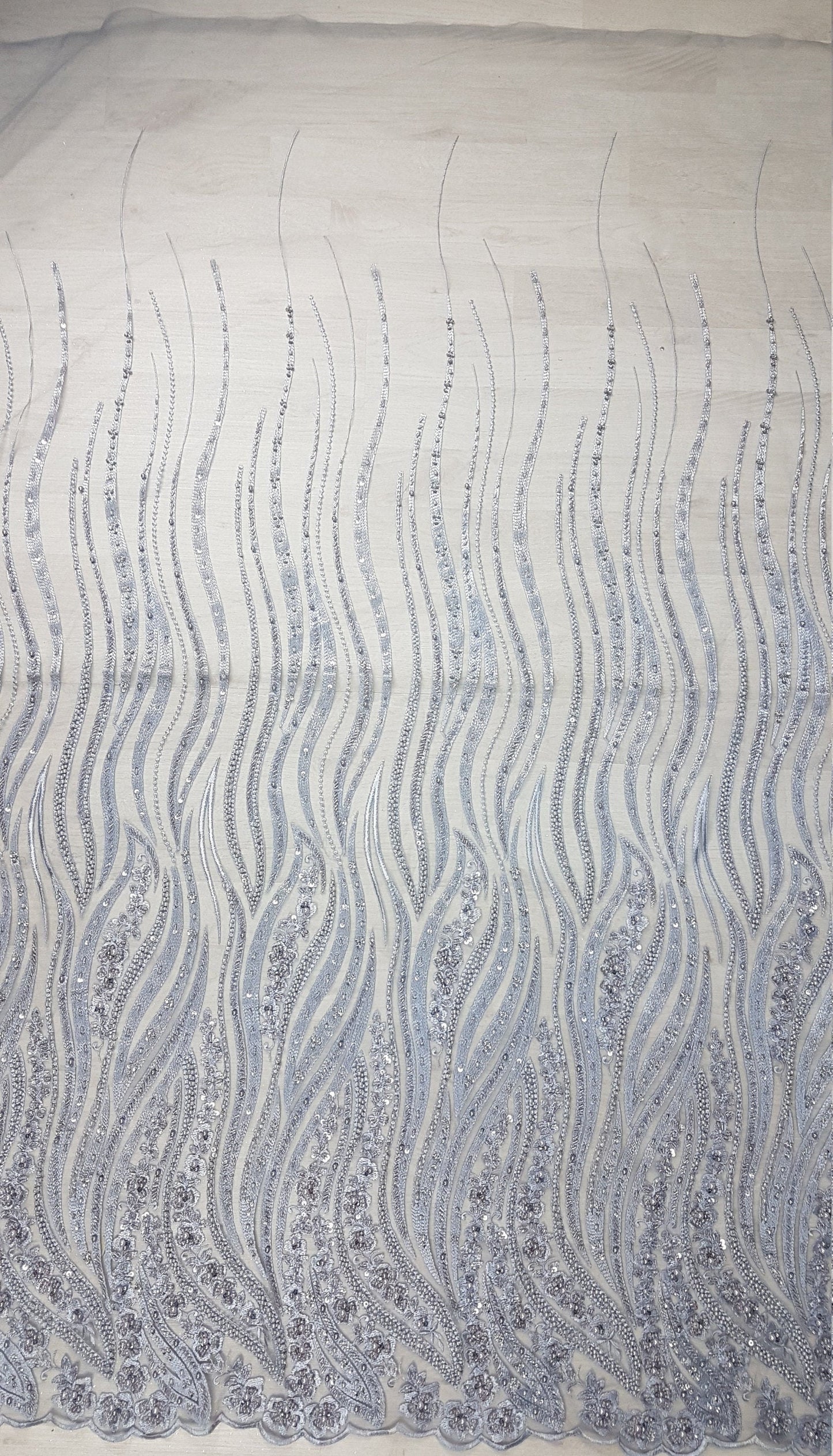 Magnificent 3D - Lace fabric with abstract design, Bridal Lace, Wedding Lace Fabric, Embroidered lace in silver-blue color LL-1349