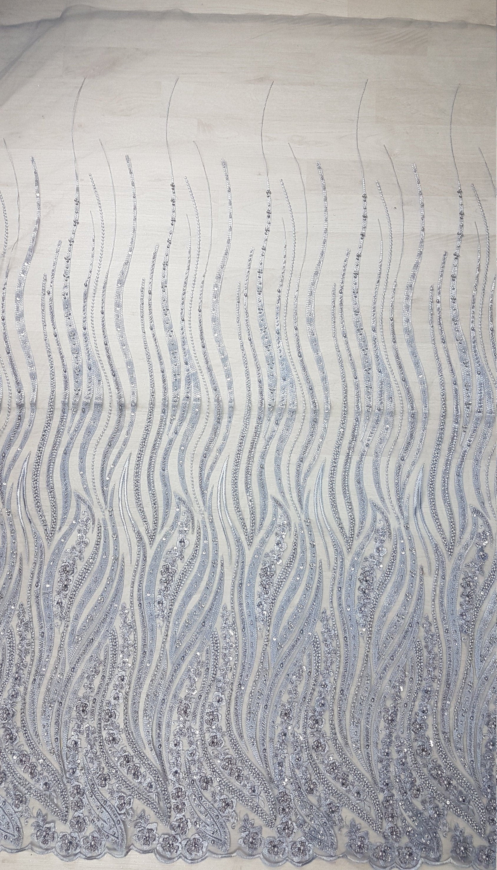Magnificent 3D - Lace fabric with abstract design, Bridal Lace, Wedding Lace Fabric, Embroidered lace in silver-blue color LL-1349