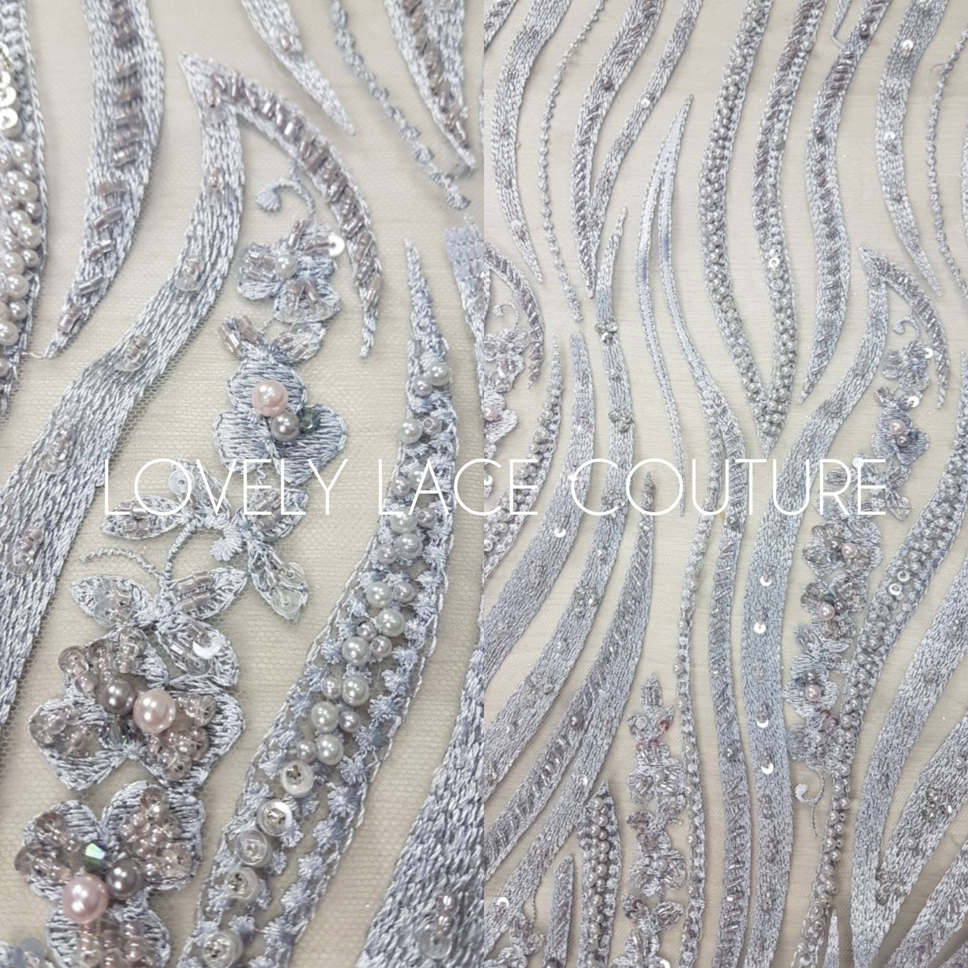 Magnificent 3D - Lace fabric with abstract design, Bridal Lace, Wedding Lace Fabric, Embroidered lace in silver-blue color LL-1349