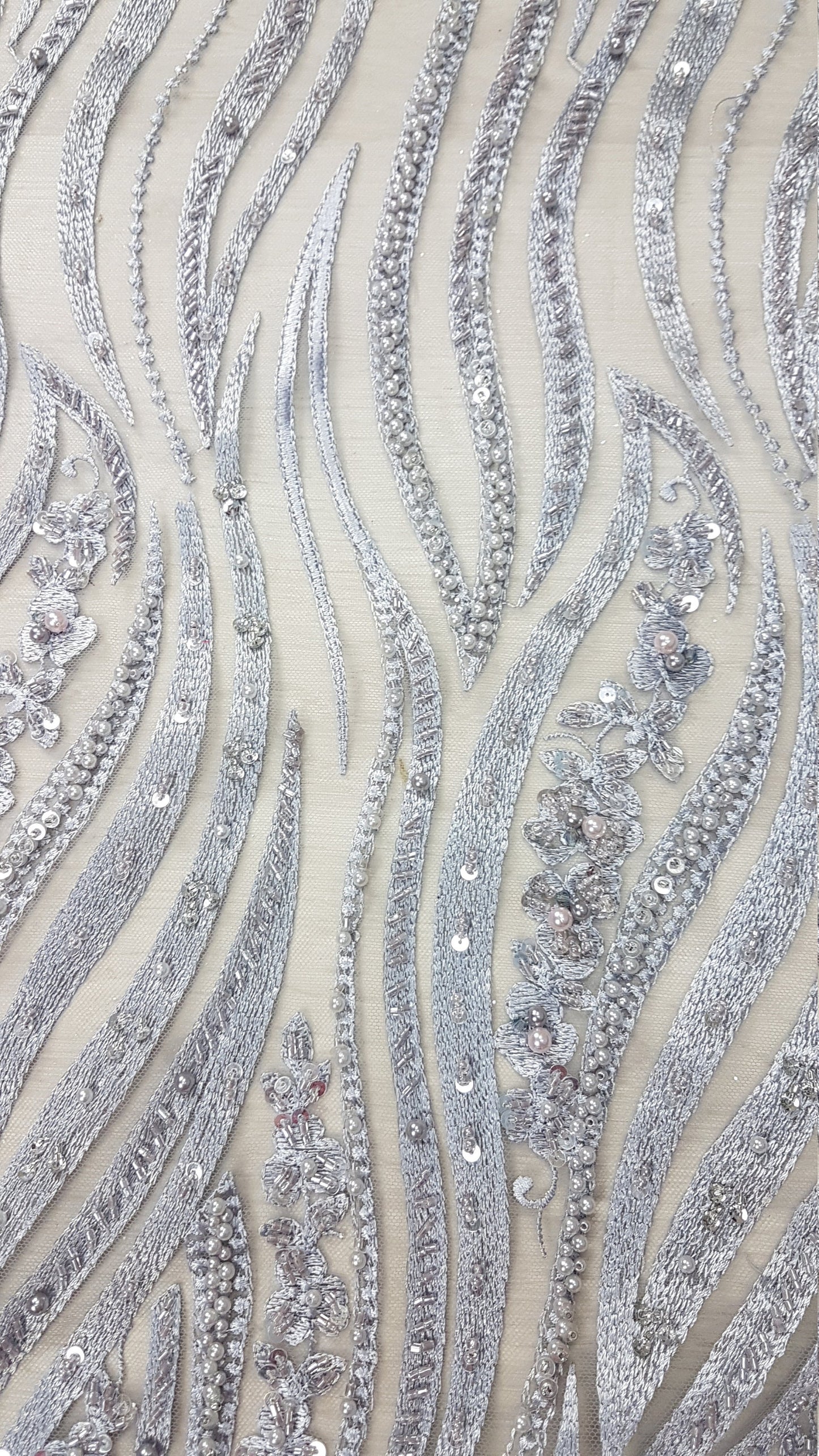 Magnificent 3D - Lace fabric with abstract design, Bridal Lace, Wedding Lace Fabric, Embroidered lace in silver-blue color LL-1349
