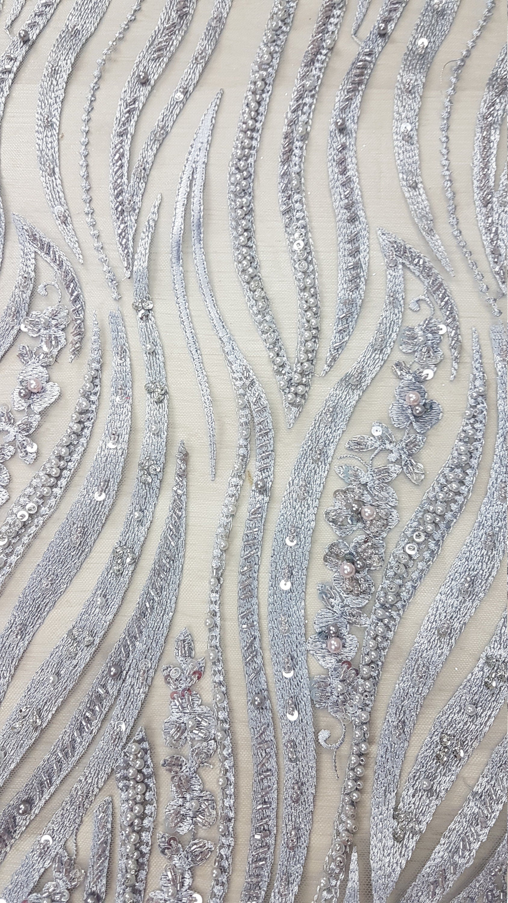 Magnificent 3D - Lace fabric with abstract design, Bridal Lace, Wedding Lace Fabric, Embroidered lace in silver-blue color LL-1349