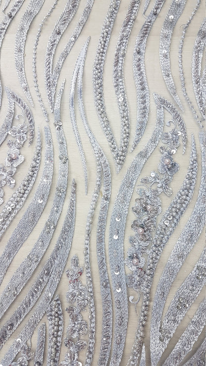 Magnificent 3D - Lace fabric with abstract design, Bridal Lace, Wedding Lace Fabric, Embroidered lace in silver-blue color LL-1349