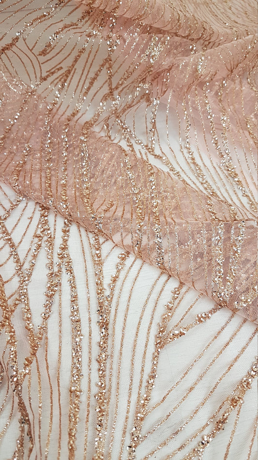 glitter tulle fabric in wave design in gold, rosegold and blue color
