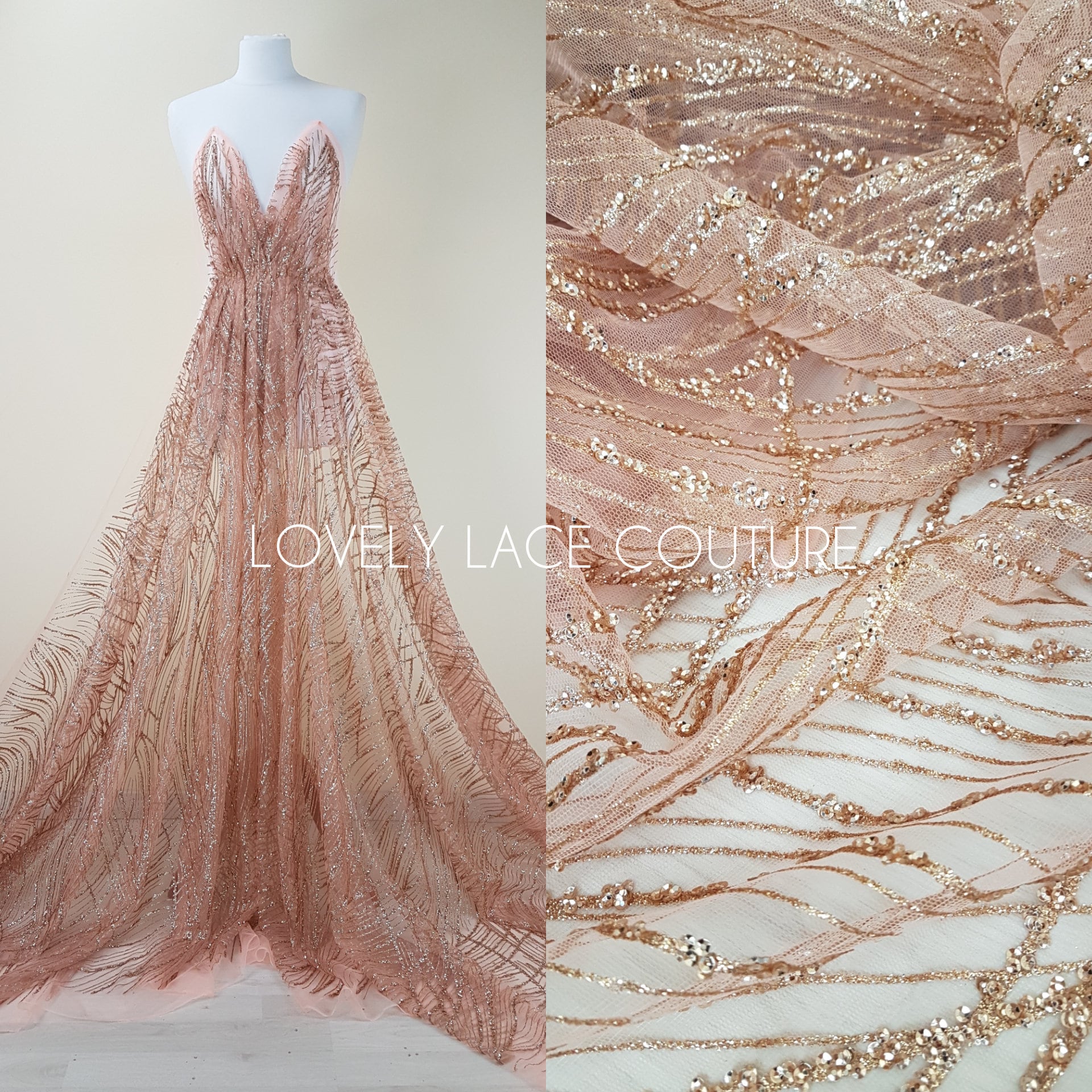 Glitter fabric with sequins in roségold, gold or blue color, net fabric with abstract design