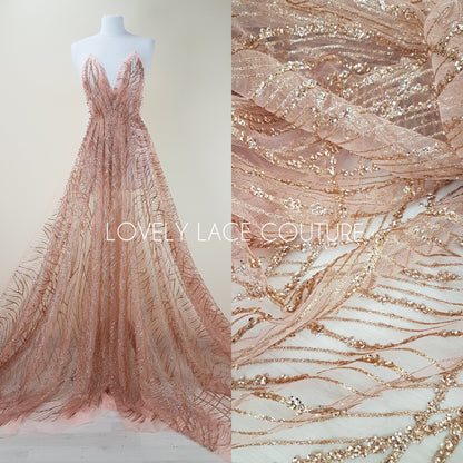 Glitter fabric with sequins in roségold, gold or blue color, net fabric with abstract design