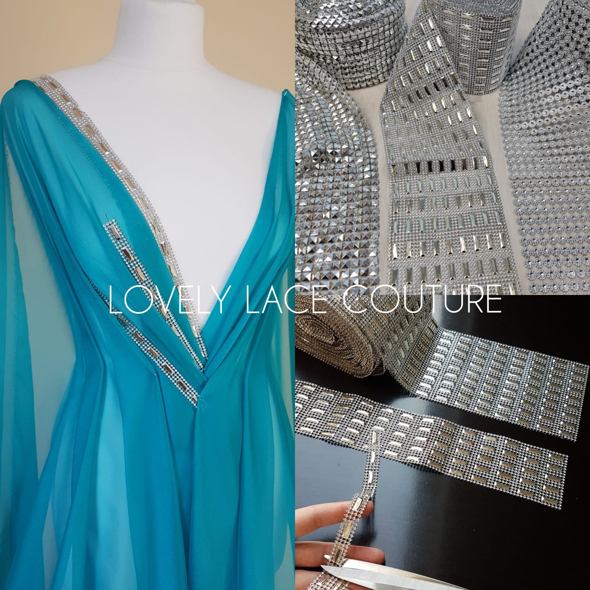 Ribbon Mesh Crystal Silver, Rhinestone appliqués, strap, trim, ribbon for decoration, dresses, evening gowns and accessoires