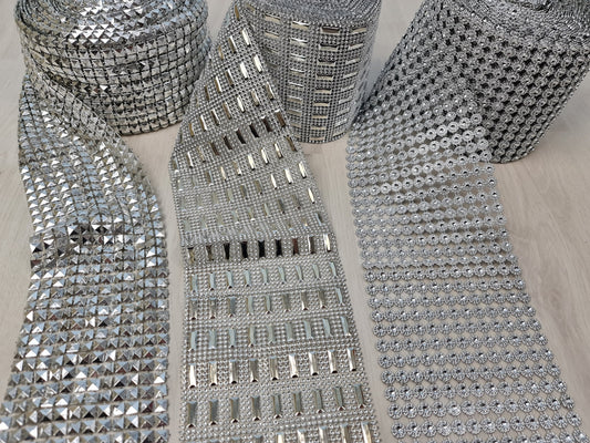 Ribbon Mesh Crystal Silver, Rhinestone appliqués, strap, trim, ribbon for decoration, dresses, evening gowns and accessoires