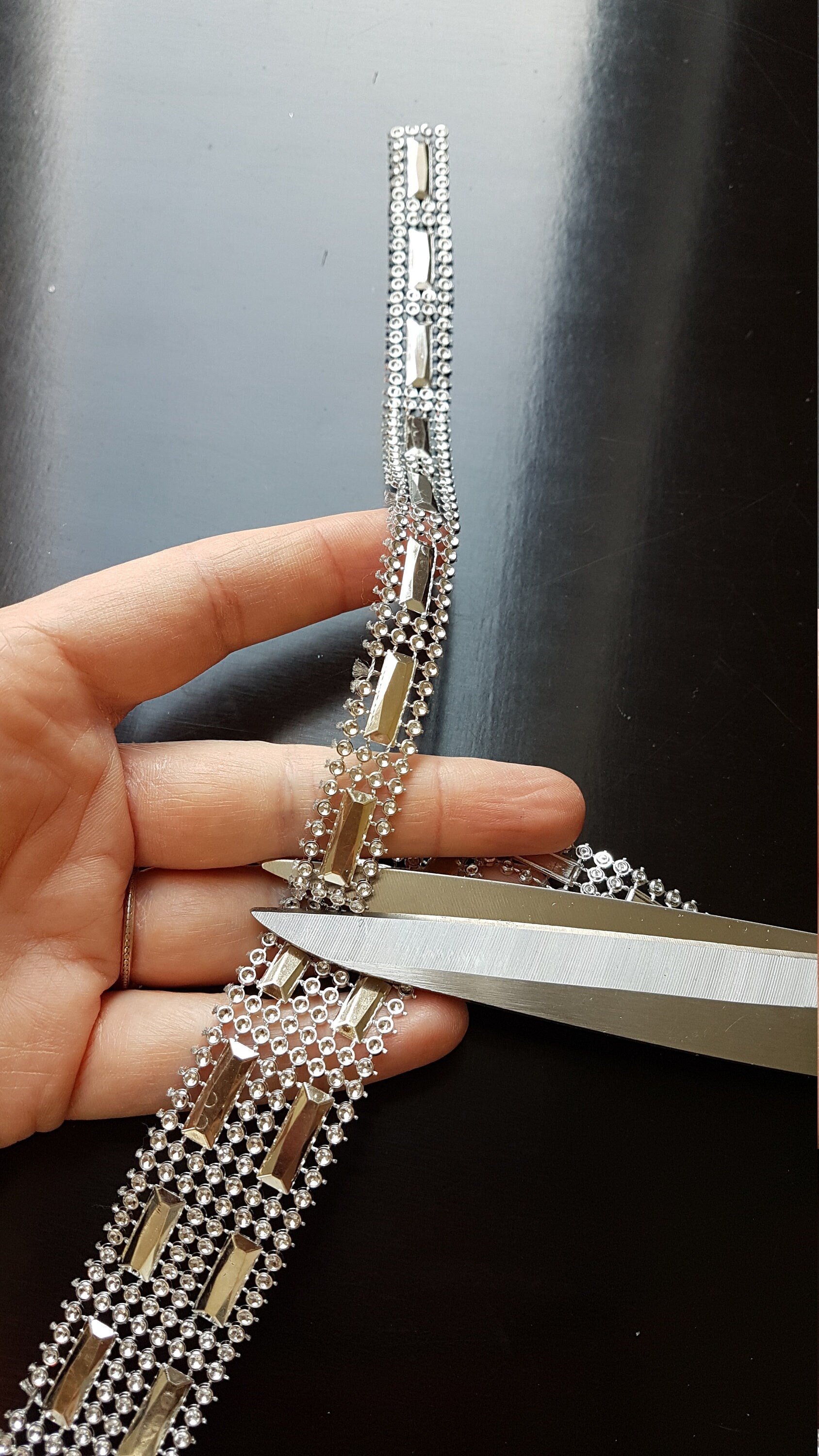Ribbon Mesh Crystal Silver, Rhinestone appliqués, strap, trim, ribbon for decoration, dresses, evening gowns and accessoires