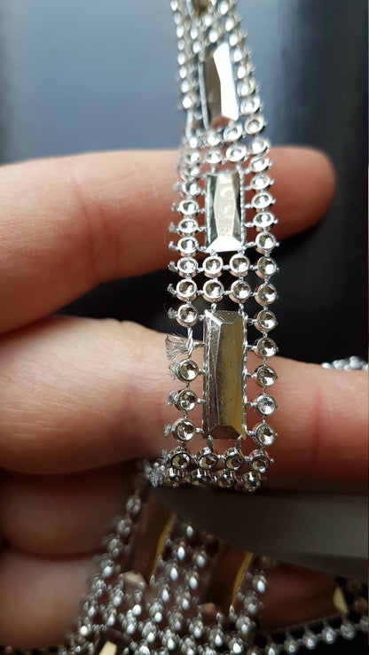 Ribbon Mesh Crystal Silver, Rhinestone appliqués, strap, trim, ribbon for decoration, dresses, evening gowns and accessoires