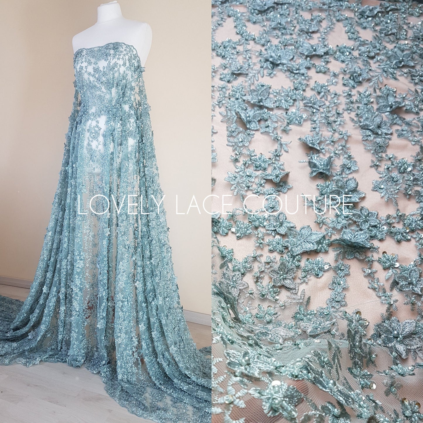 Gorgoues 3D - Lace fabric with flower desgin, Colored bridal lace, Wedding Lace Fabric, Embroidered lace in lovely blue or rosé color