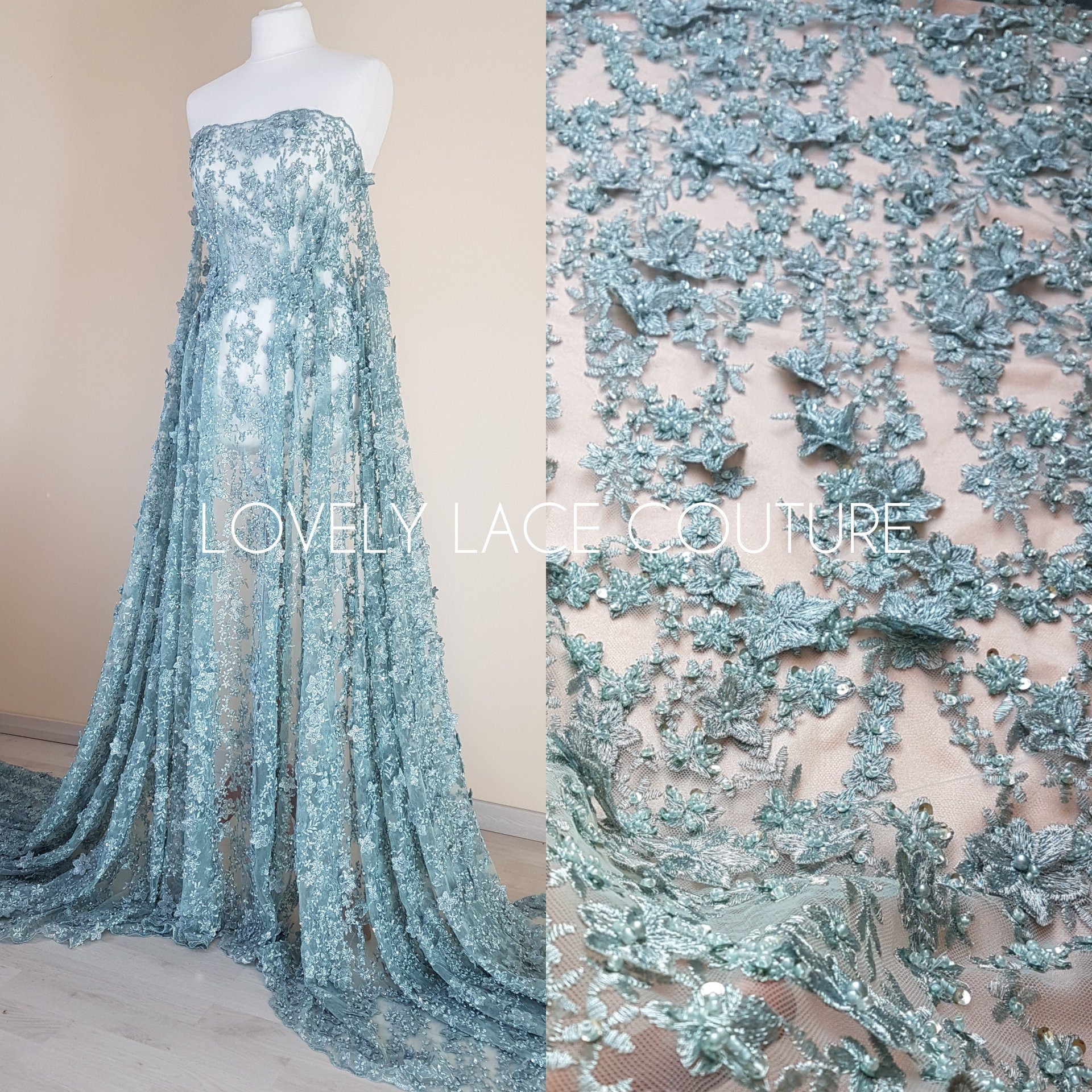 Gorgoues 3D - Lace fabric with flower desgin, Colored bridal lace, Wedding Lace Fabric, Embroidered lace in lovely blue or rosé color