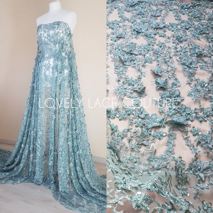 Gorgoues 3D - Lace fabric with flower desgin, Colored bridal lace, Wedding Lace Fabric, Embroidered lace in lovely blue or rosé color