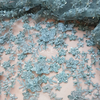 Gorgoues 3D - Lace fabric with flower desgin, Colored bridal lace, Wedding Lace Fabric, Embroidered lace in lovely blue or rosé color